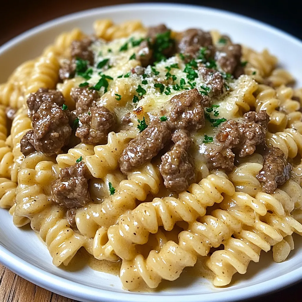 Creamy Beef and Rotini in Garlic Parmesan Sauce - Grammy Recipes