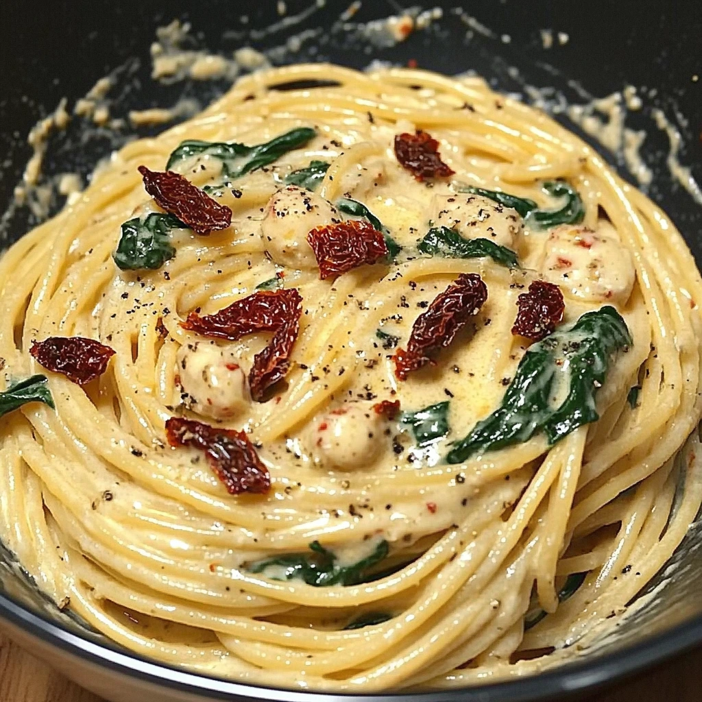 Spaghetti & Spinach with Sun-Dried Tomato Cream Sauce