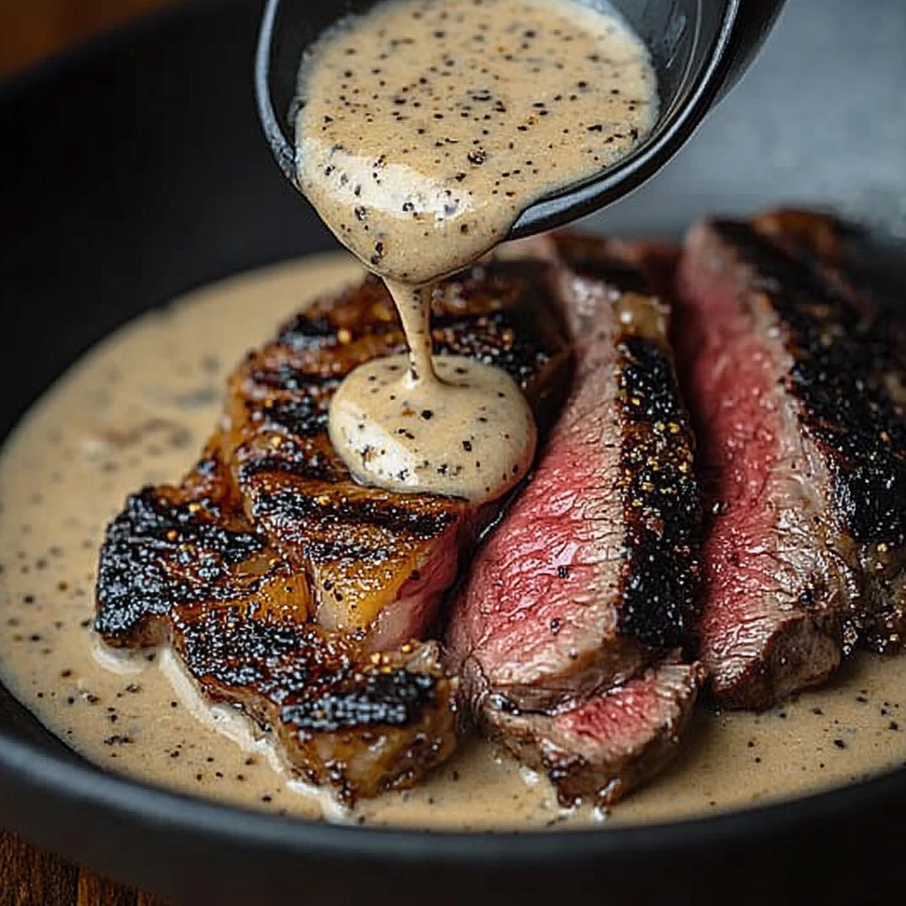 Peppercorn Crusted Steak with Creamy Peppercorn Sauce