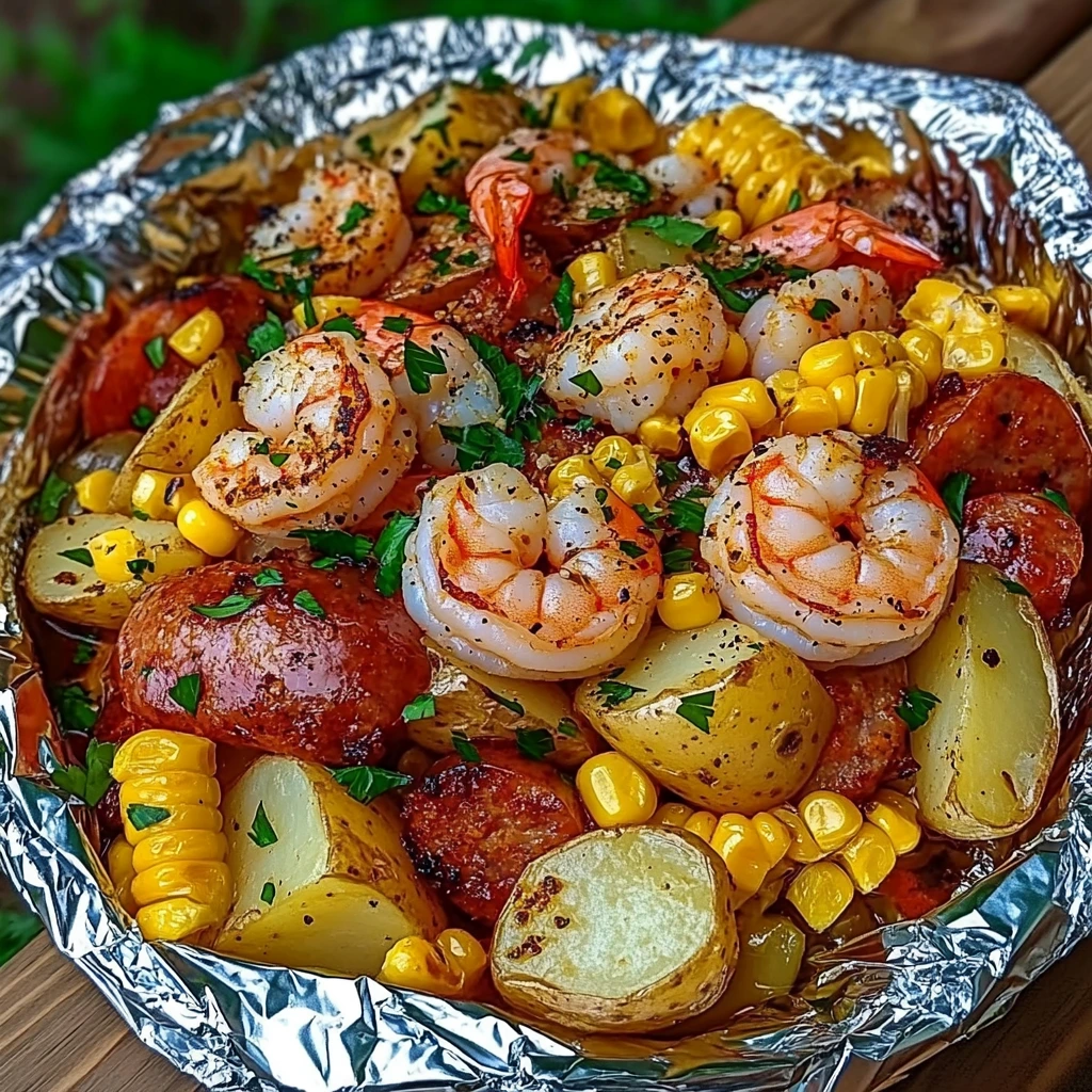 Shrimp, Corn, Potatoes, and Smoked Sausage Foil Packs