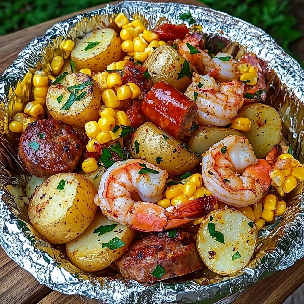 Shrimp, Corn, Potatoes, and Smoked Sausage Foil Packs