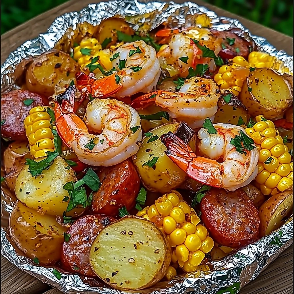 Shrimp, Corn, Potatoes, and Smoked Sausage Foil Packs