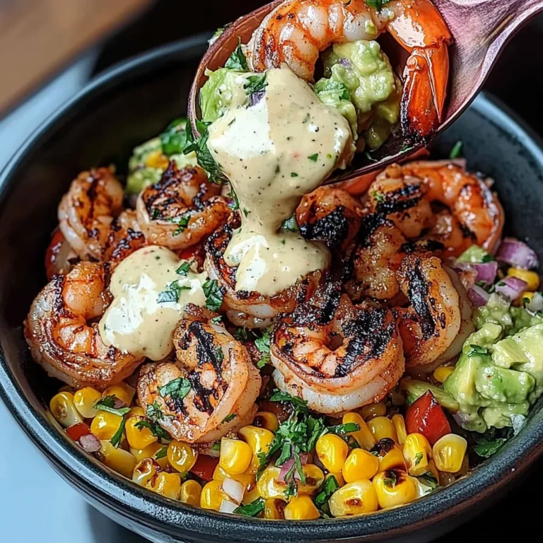 Grilled Shrimp Bowl with Avocado Corn Salsa and Creamy Sauce