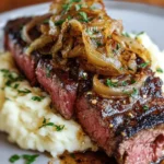 Ribeye Steak with Caramelized Onions and Mashed Potatoes