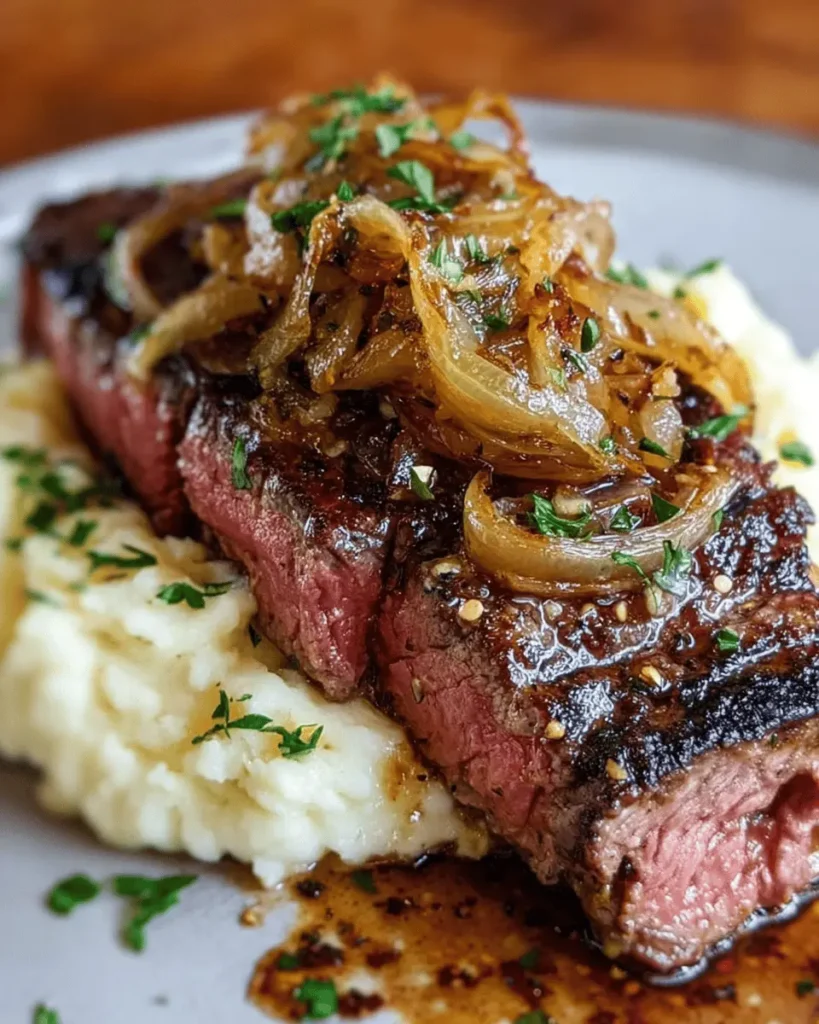 Ribeye Steak with Caramelized Onions and Mashed Potatoes