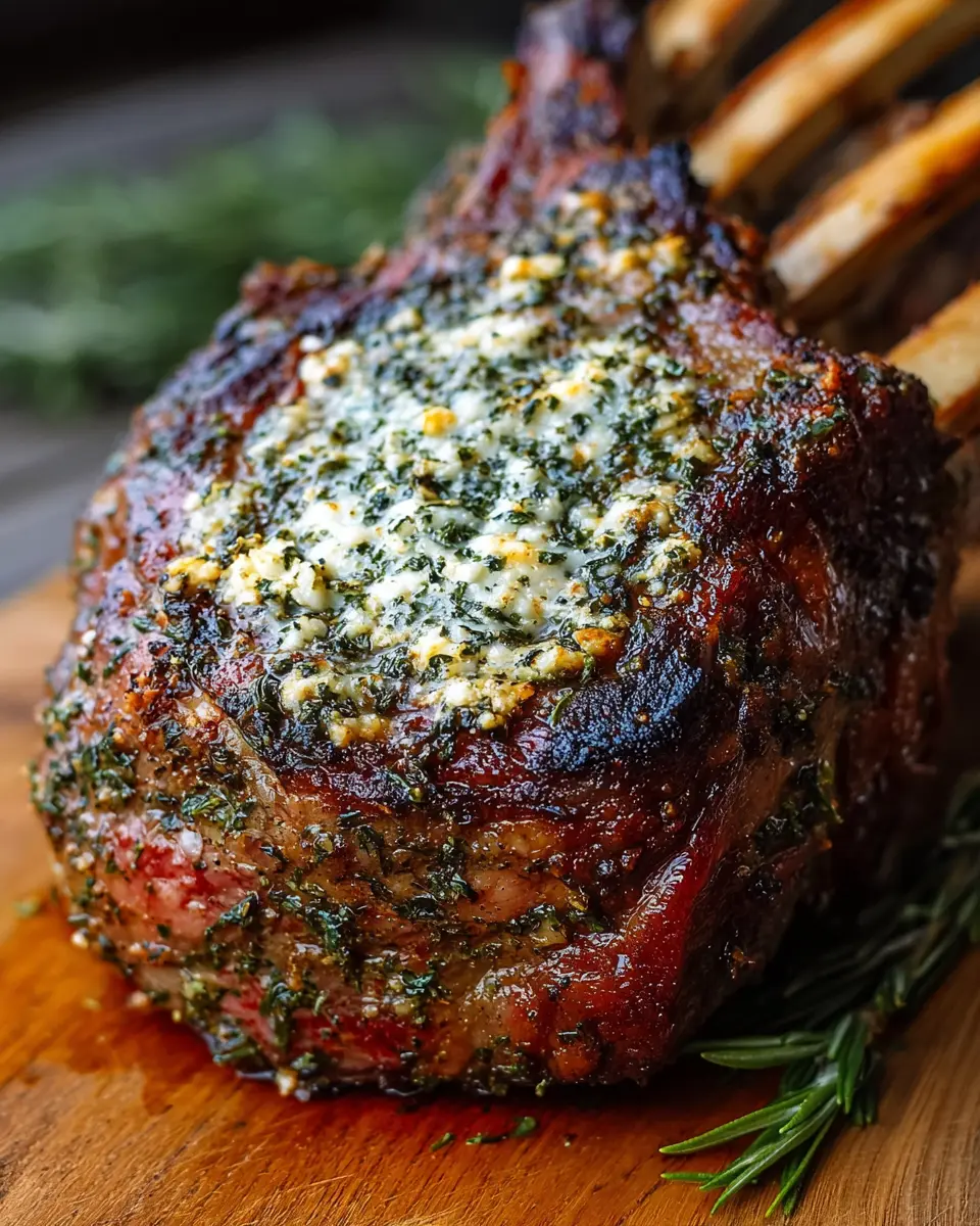 garlic herb butter crusted tomahawk rib roast