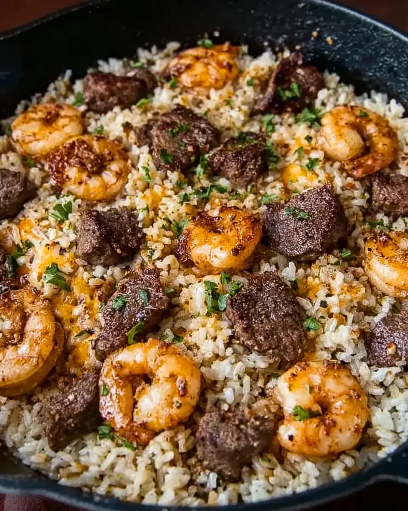 Garlic Butter Surf and Turf Loaded Rice Skillet