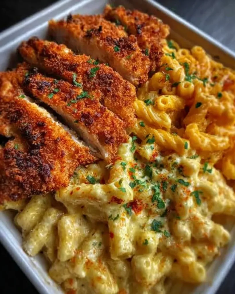 Crispy Chicken with Creamy Penne and Baked Mac and Cheese