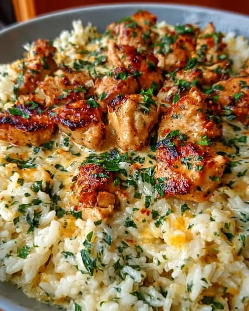 Creamy Garlic Butter Chicken with Cheesy Rice Skillet