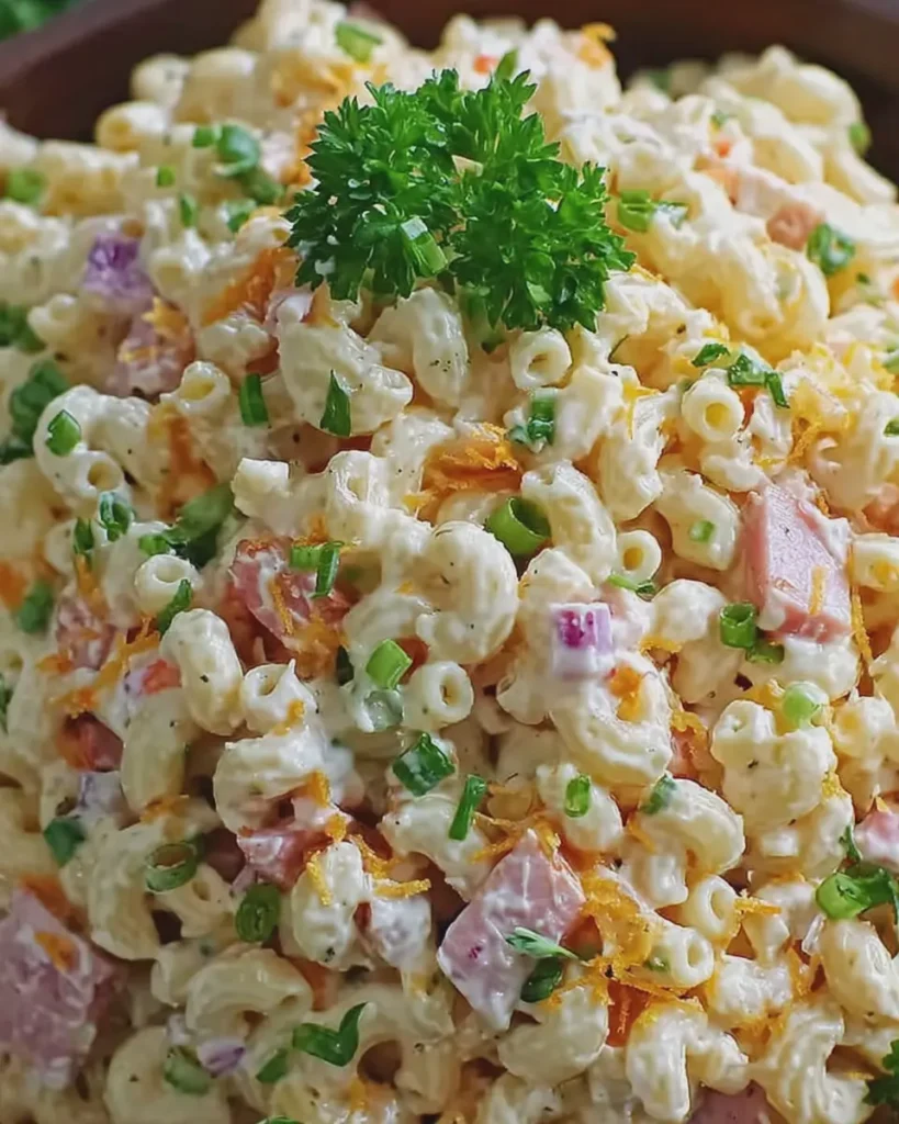 SWEET AMISH MACARONI SALAD WITH TURKEY BACON AND CHICKEN HAM DELIGHT