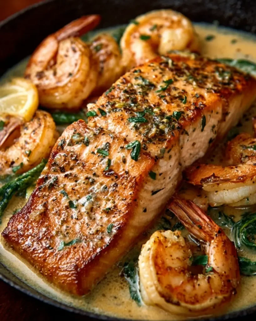 Garlic Butter Salmon and Shrimp Skillet
