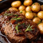 Slow Cooker Steak with Onion Gravy and Baby Potatoes