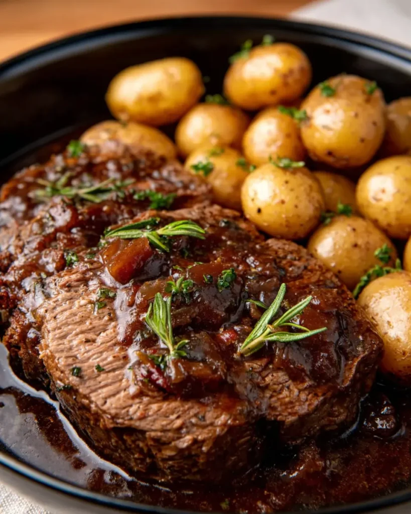 Slow Cooker Steak with Onion Gravy and Baby Potatoes