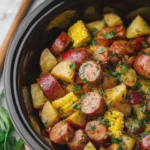 Crockpot Buttery Beef Sausage with Corn and Red Potatoes
