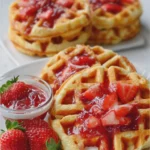 White Strawberry Cheesecake Muffin Mix Waffles with Homemade Strawberry Syrup
