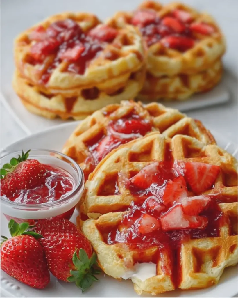 White Strawberry Cheesecake Muffin Mix Waffles with Homemade Strawberry Syrup