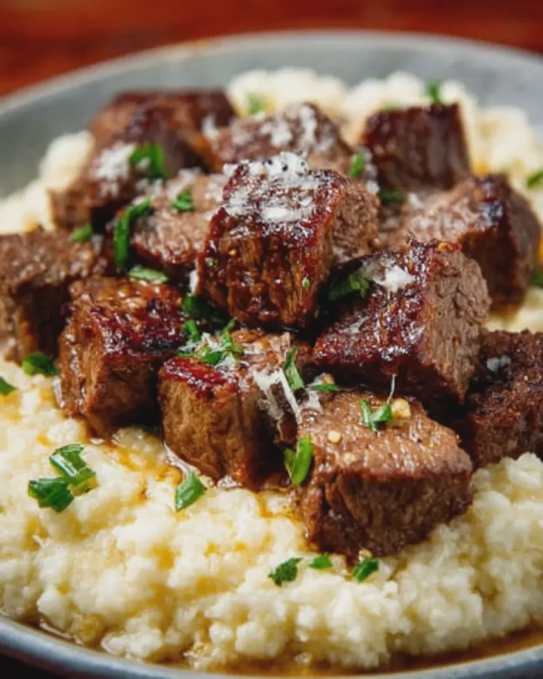 Garlic Butter Steak Bites with Creamy Parmesan Mashed Potatoes