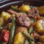 Crockpot Smoky Sausage Potato Green Bean Bake