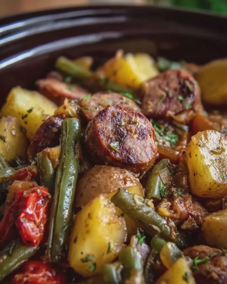 Crockpot Smoky Sausage Potato Green Bean Bake