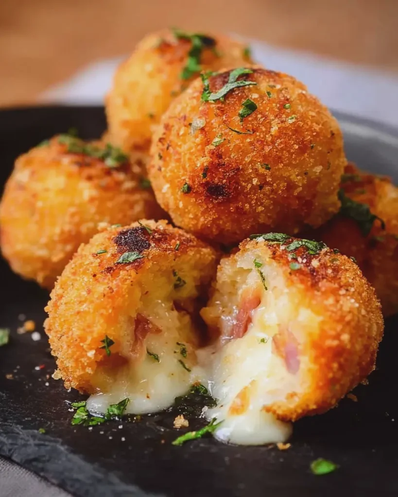 Potato Balls with Chicken Ham, Mozzarella and Herbs