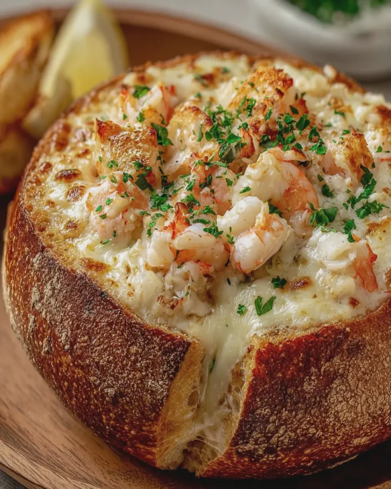 Crusty Bread Bowl with Creamy Seafood and Cheese Filling