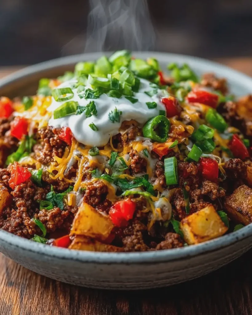 Loaded Fajita Ground Beef and Cheesy Potato Bowls