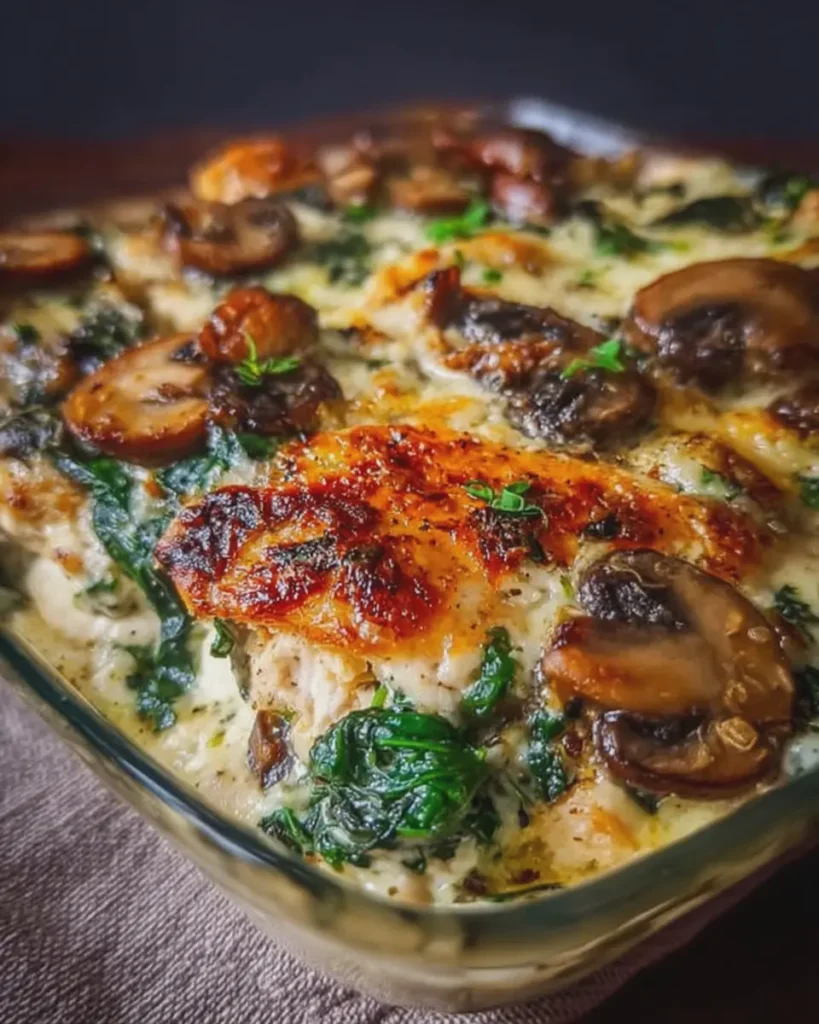 Cowboy Creamy Chicken, Spinach and Mushroom Bake
