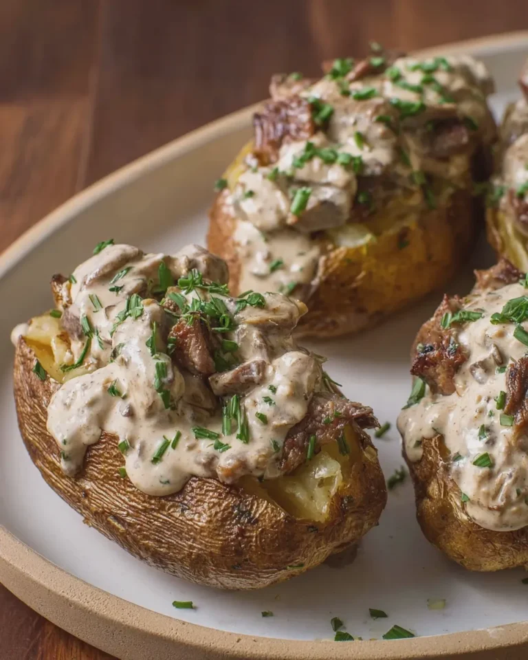 Creamy Beef Stroganoff Stuffed Baked Potatoes
