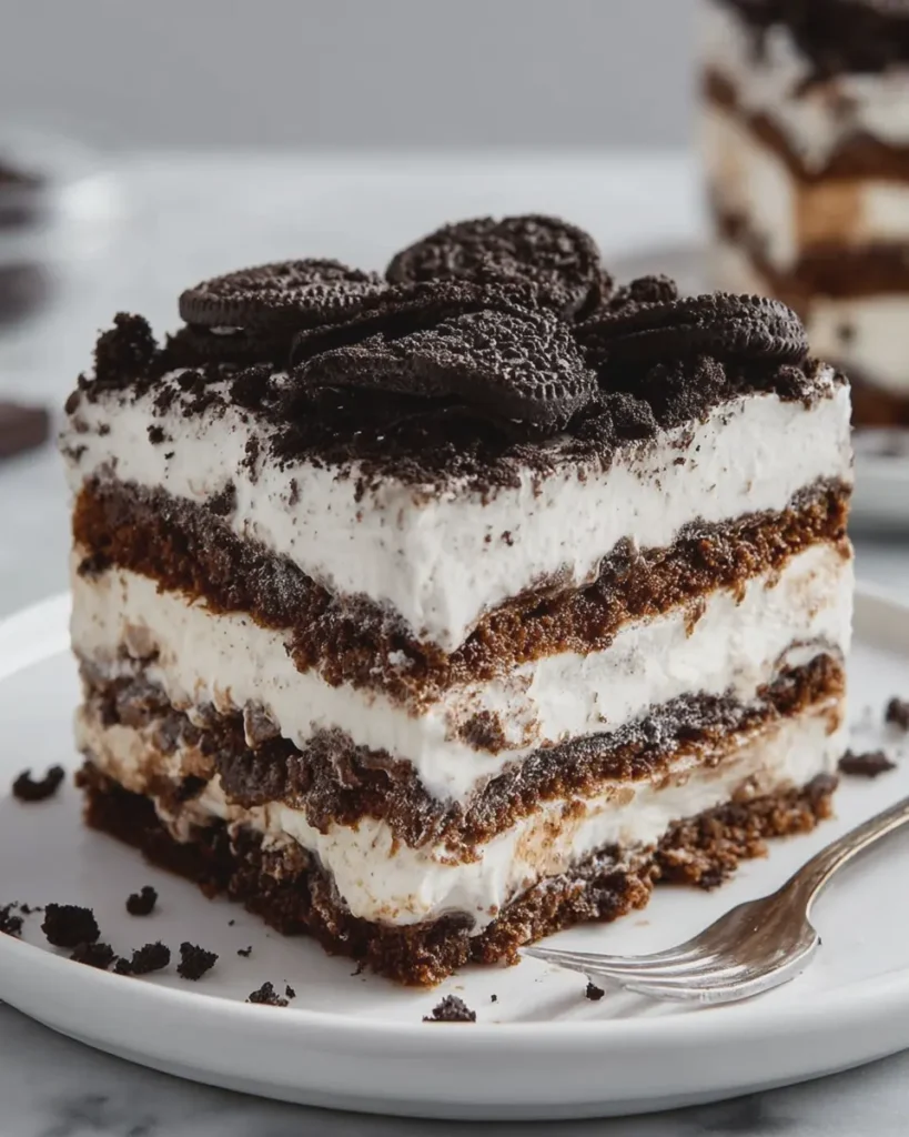 No Bake Cookies and Cream Ice Cream Sandwich Cake