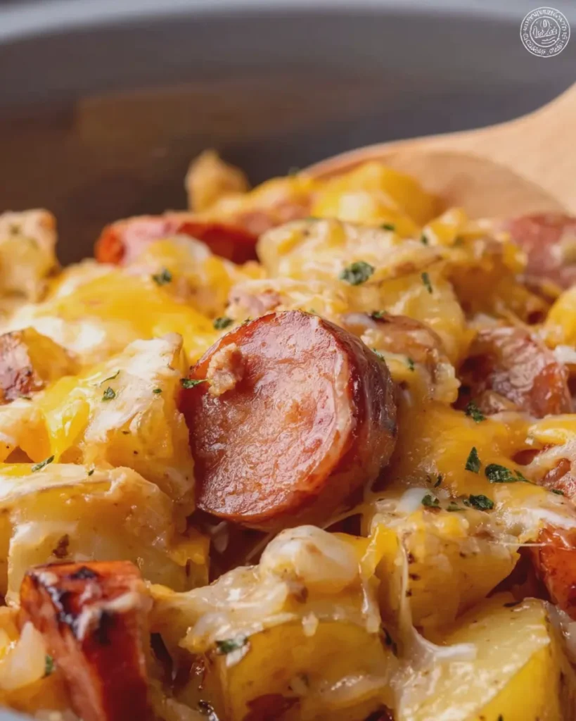 Crockpot Cheesy Potatoes and Beef Kielbasa