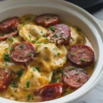 Slow Cooker Beef Kielbasa Sausage and Pierogies