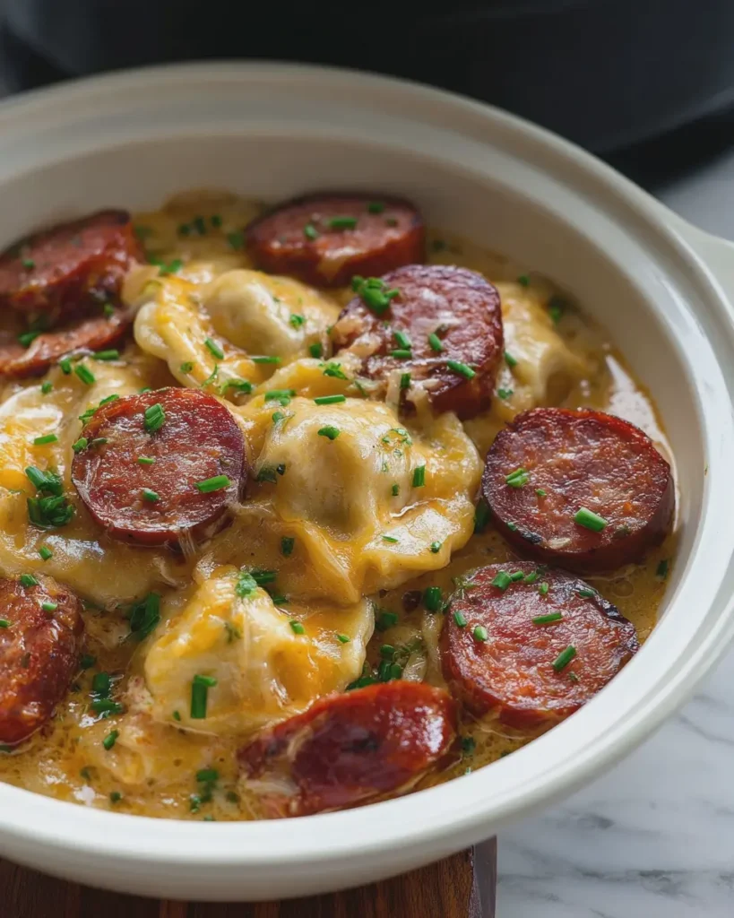Slow Cooker Beef Kielbasa Sausage and Pierogies