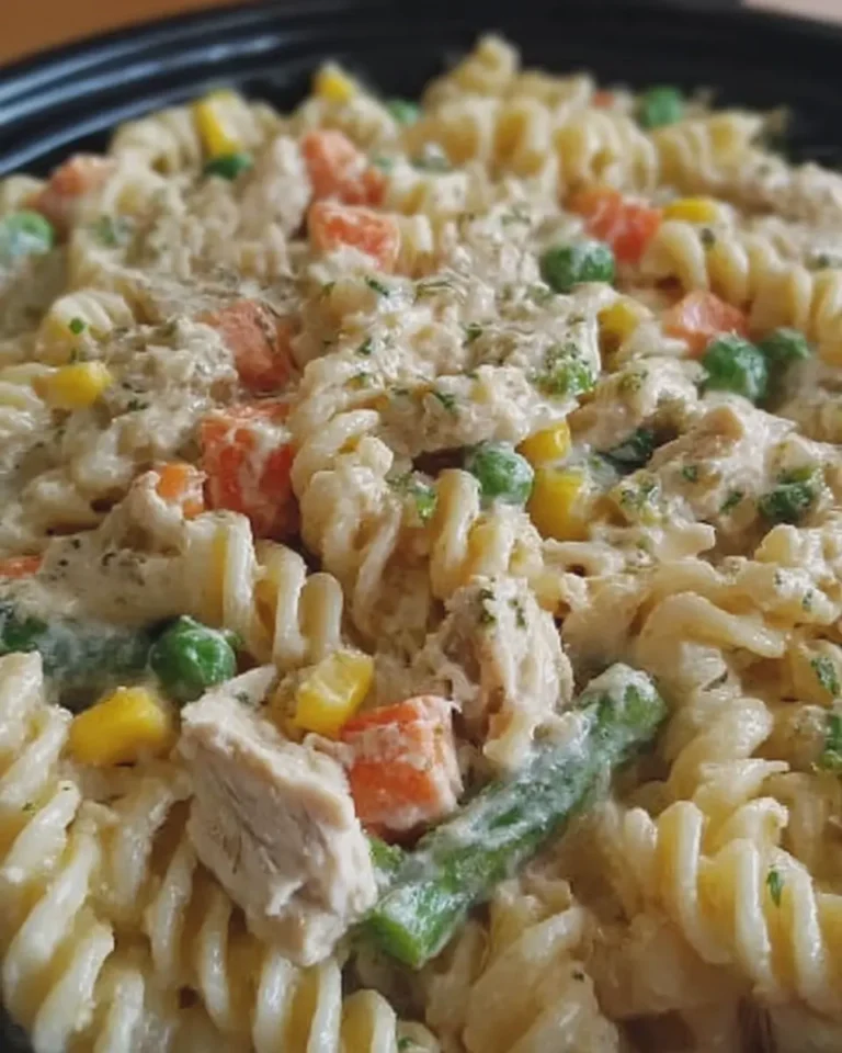Creamy Cheesy Crockpot Chicken Rotini Pasta with Mixed Vegetables