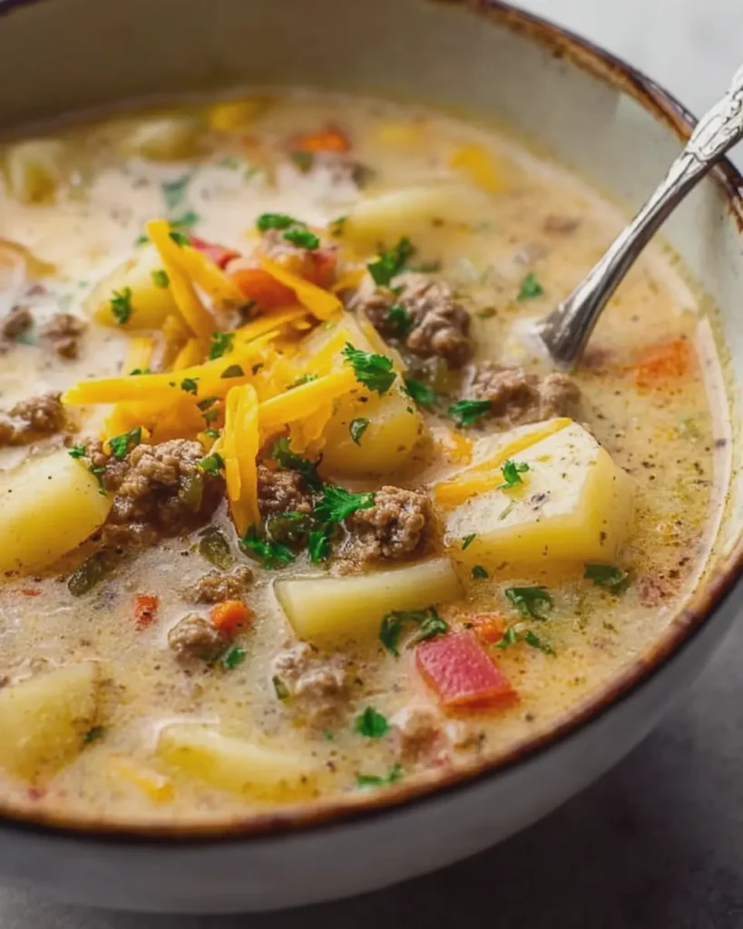 Cheesy Hamburger Potato Soup Sela