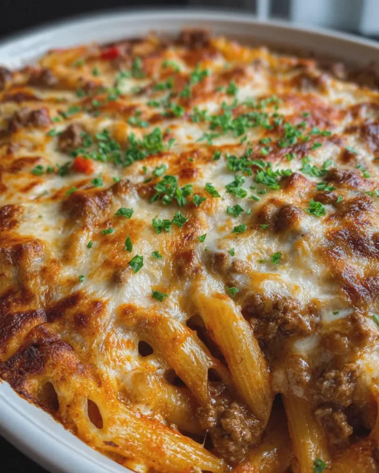 Creamy Cheesy Baked Penne Beef Casserole