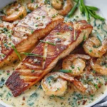 CREAMY GARLIC BUTTER SHRIMP AND SEARED SALMON