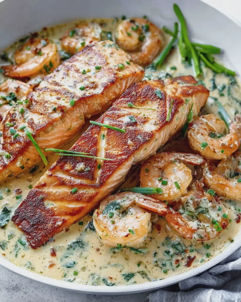 CREAMY GARLIC BUTTER SHRIMP AND SEARED SALMON