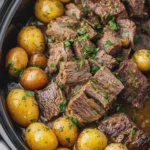 Easy Crockpot Beef and Potatoes with Garlic Herb Butter Gravy
