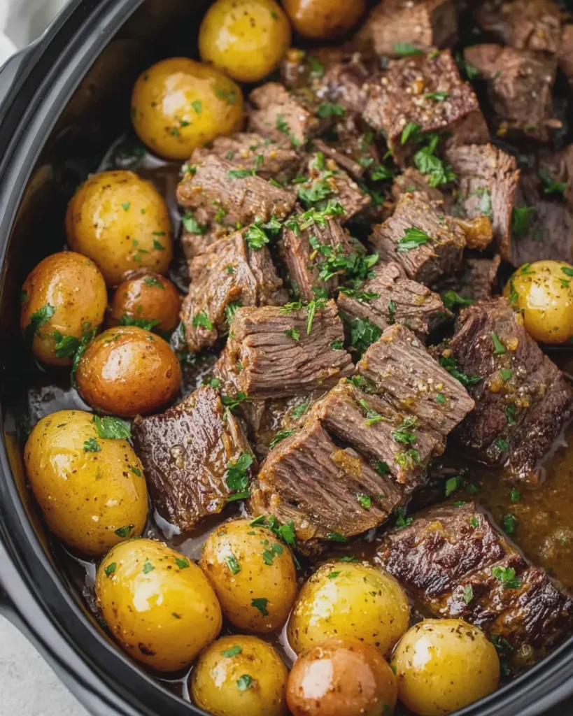 Easy Crockpot Beef and Potatoes with Garlic Herb Butter Gravy