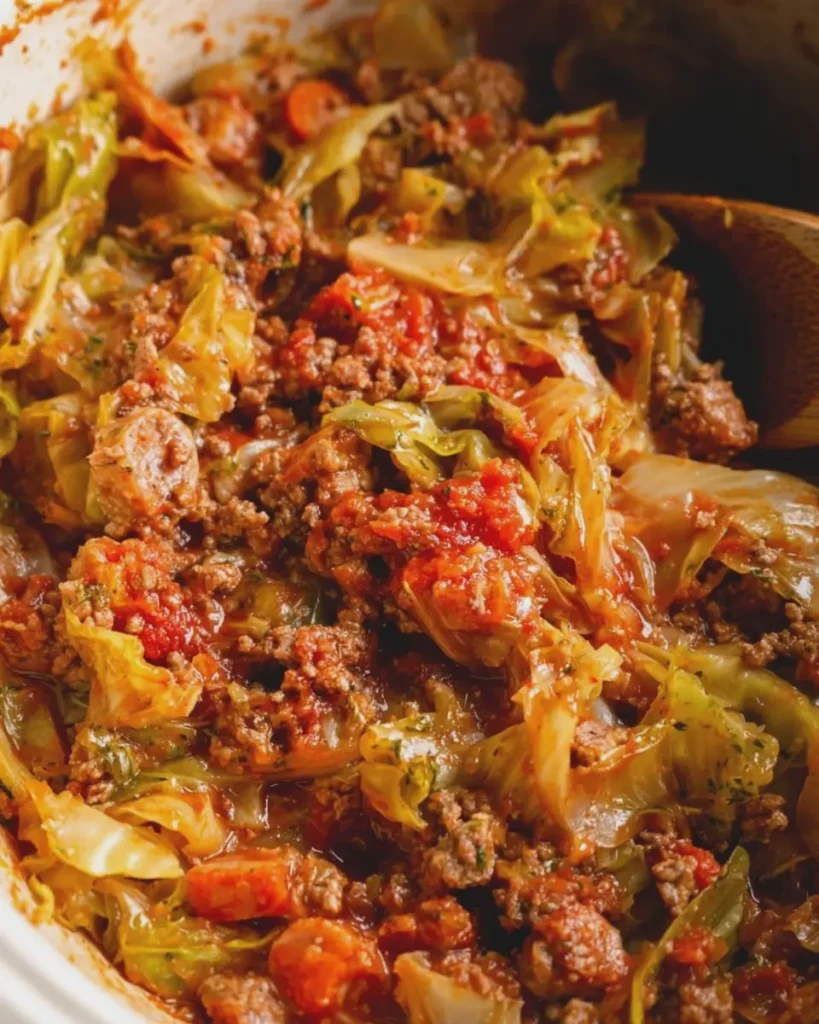 Crockpot Hearty Dirty Cabbage with Beef and Sausage