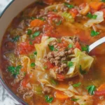 Cabbage and Ground Beef Soup with Tomatoes Carrots and Savory Broth