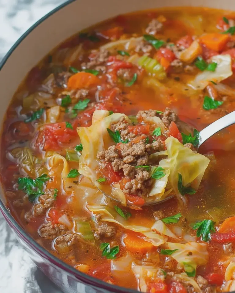 Cabbage and Ground Beef Soup with Tomatoes Carrots and Savory Broth