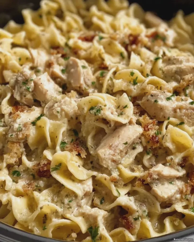 Creamy Slow Cooker Amish Chicken Stuffing Noodles