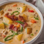 Creamy Cheeseburger Soup with Potatoes Vegetables and Turkey Bacon