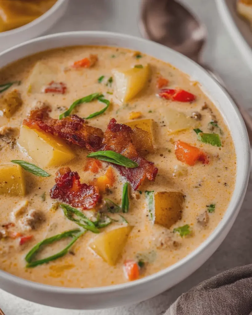 Creamy Cheeseburger Soup with Potatoes Vegetables and Turkey Bacon