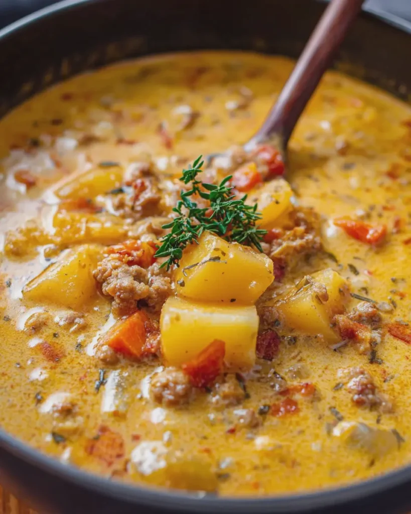 Cheesy Beef Sausage Potato Soup