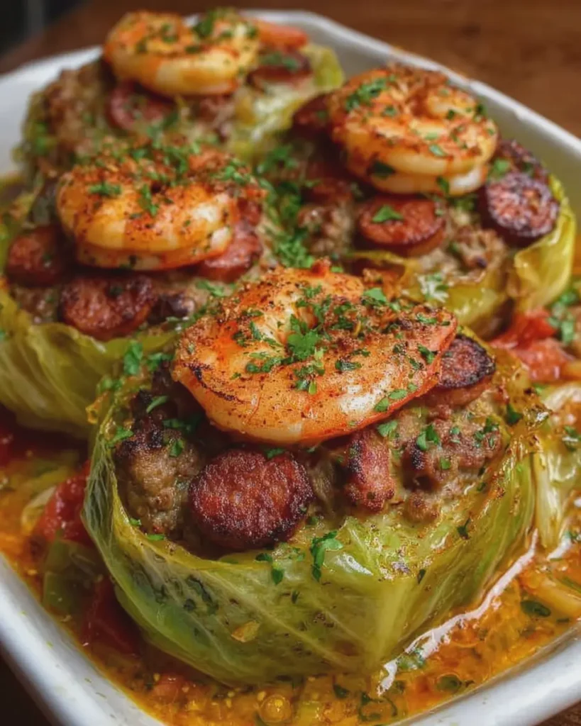 Cajun Shrimp and Beef Sausage Stuffed Cabbage
