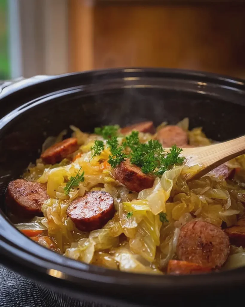 Slow Cooker Beef Sausage and Tender Cabbage