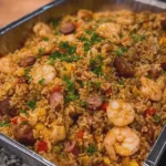 Seafood Dirty Rice with Turkey Bacon and Chicken Ham