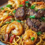 Garlic Butter Steak and Shrimp Noodles